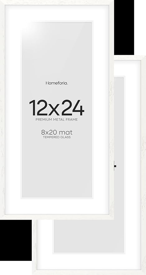 Homeforia 12x24 White Picture Frame, High End Oak 12x24 Wood Poster Frames with Mat 8x20 Photo, 12 x 24 White Wooden Frames Matted to 8 by 20, 24x12 Panoramic Frame, Tempered Glass, Wall Kit, Set of 2