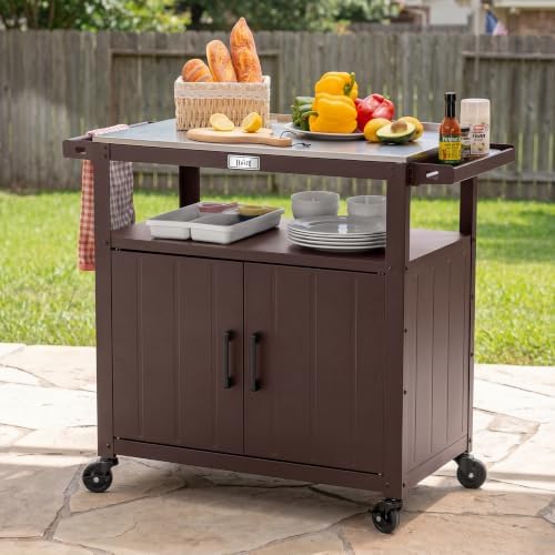 Feasto Outdoor Grill Cart w/Storage Cabinet, Stainless Steel Top, Brown