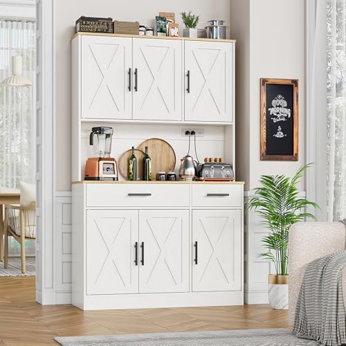 Shintenchi Pantry Cabinet with Charging Station, 70” Tall Kitchen Storage Cabinet with Microwave Stand, Storage Drawers & Adjustable Shelves, Large Capacity Kitchen Hutch for Dining Room, White