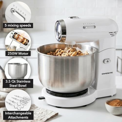 OVENTE Electric Stand Mixer, 3.5 QT, 5 Mixing Speeds, 250W, White SM680W
