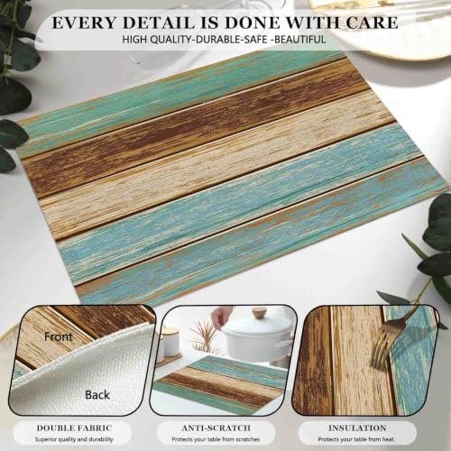 Mcalk Farmhouse Table Runner and Placemats Set of 6, Teal and Brown Wooden Texture Rectangle Cloth Place Mats Indoor, Washable Linen Material for Living Table