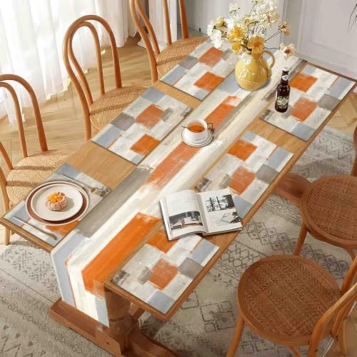 Mcalk Farmhouse Orange Table Runner and Placemats Set of 6 Pieces, Brown Placemats Modern Art,Grey Abstract Art Cloth Place Mats Indoor for Kitchen,Linen Material for Dining Table