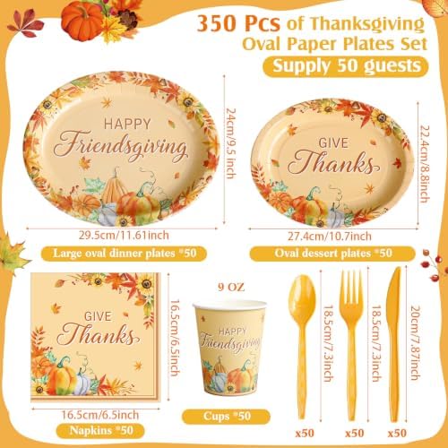 Pajean 350 Pcs Friendsgiving Oval Paper Plates Set 12 Inch Fall Serves 50