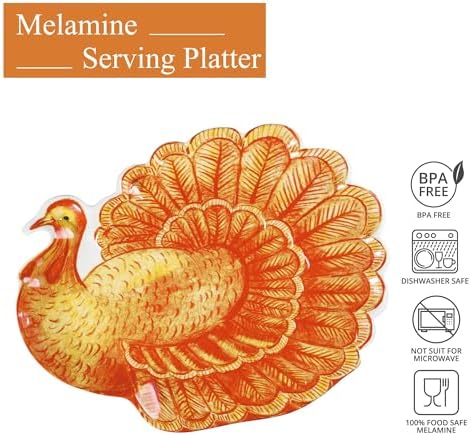 UP Glitter Turkey Shaped Melamine Serving Platter, Thanksgiving Party Tray, Festive Fall Design, for Snacks, Appetizers, and Desserts, Orange, 19 x 15 Inch