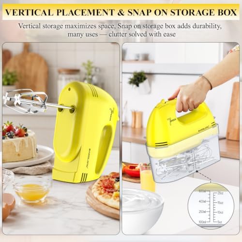 BAIGELONG Hand Mixer. 7-Speed Adjustable Kitchen Electric Mixer. With 5 Stainless Steel Attachments: 2 Hooks, 2 Beaters, 1 Whisk. Comes 1 Storage Box. Perfect for Bakers and New Starters, Yellow