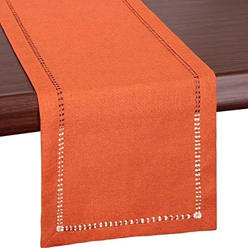 Grelucgo Large Handmade Hemstitch Orange Thanksgiving Table Runner, Fall Autumn Decorations (14 x 120 Inch)