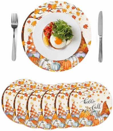 Fall Round Placemats Set of 6 Thanksgiving Autumn Maple Leaves Gnome Place Mats Washable Woven Placemat Hello Fall Harvest Pumpkin Circle Braided Table Mat for Kitchen Holiday Party Decor 15 Inch