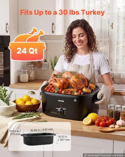 VEVOR Electric Roaster Oven, 24 Qt, Turkey Roasting Pan, Black, Viewing Lid