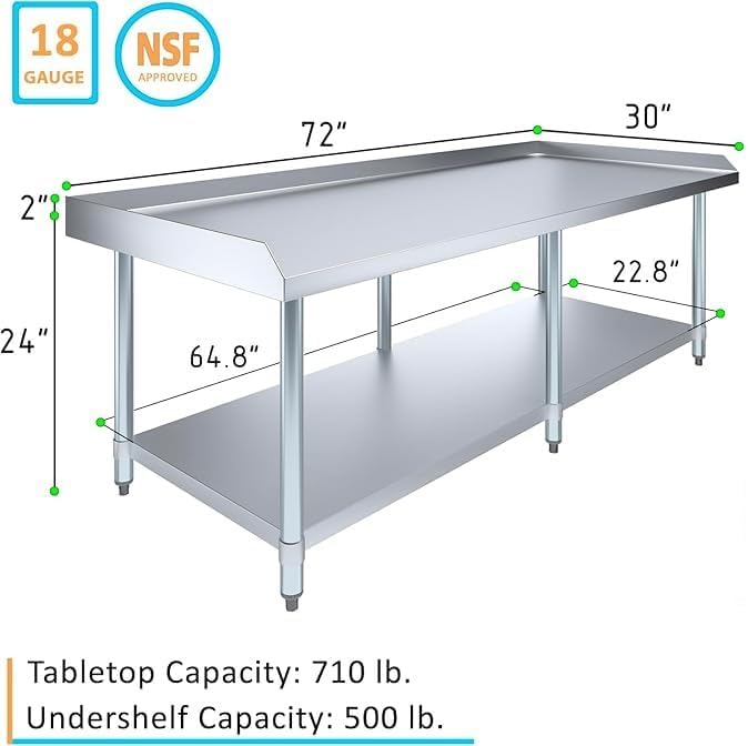 Stainless Steel Equipment Stand with Undershelf + Casters, Heavy Duty, Commercial Grade, NSF Certified (30" Width x 72" Length)