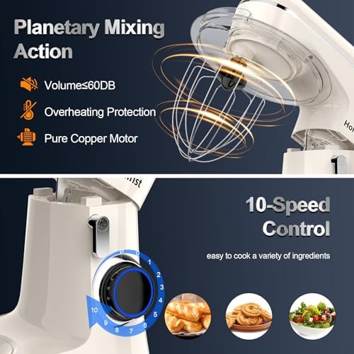 Honinst Stand Mixer, 6.5QT 10-Speed Tilt-Head 3-IN-1 Electric Food Mixer