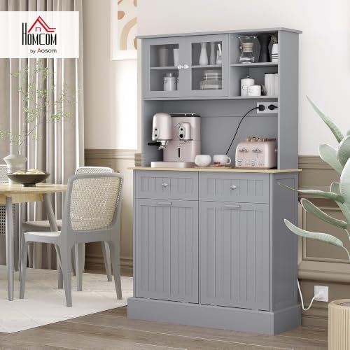 HOMCOM Kitchen Pantry with Tilt-Out Trash Can Cabinet, Power Outlet, Gray