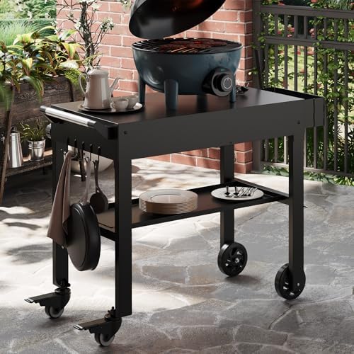 Heavy Duty Folding Grill Cart for Blackstone 17"/22" Griddle - Portable Outdoor BBQ Table with Stainless Steel Tabletop and Locking Wheels, Rolling Catering Food Cart for Camping and RV, Black