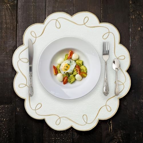 15 Inch Ribbon Twirl Embroidery Round Placemats Set of 4, Scalloped Round Table Mats for Party Kitchen Dining Decoration, Gold