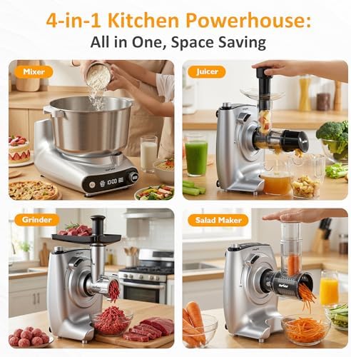 Sunvivi 4-in-1 Multifunctional Stand Mixer, Electric Dough Mixer with 5.3 Quart Stainless Steel Bowl, Electric Stand Mixer for Baking & Home Cooking, with Meat Grinder, Juice Blender & Salad Maker