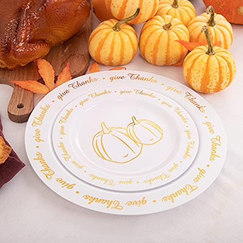 LIYH 175 Pcs Plastic Thanksgiving Plates Disposable Dinnerware sets, Thanksgiving Plates and Napkins, Gold Plastic Plate Napkins Fall Tableware 25 Guests