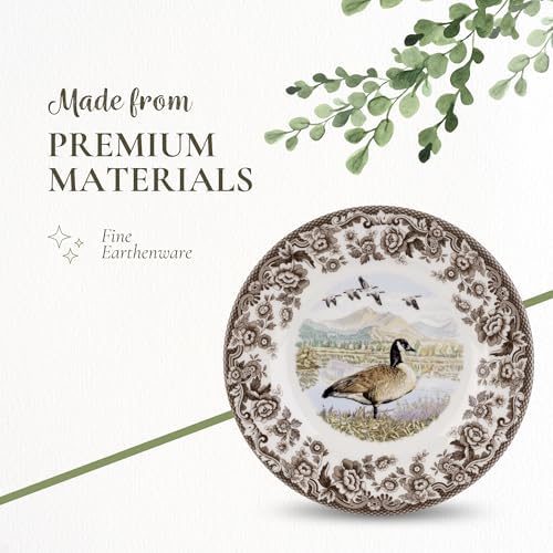 Spode Woodland Canadian Goose Dinner Plate - 10.5 Inch Fine Earthenware with British Flowers Border, Microwave, Oven, Freezer & Dishwasher Safe - Hunting-Inspired Thanksgiving Plate, Made in England