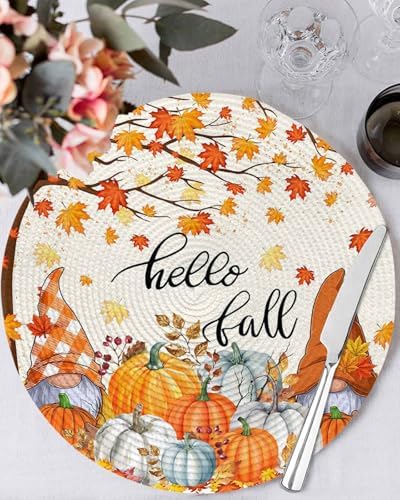 Fall Round Placemats Set of 6 Thanksgiving Autumn Maple Leaves Gnome Place Mats Washable Woven Placemat Hello Fall Harvest Pumpkin Circle Braided Table Mat for Kitchen Holiday Party Decor 15 Inch