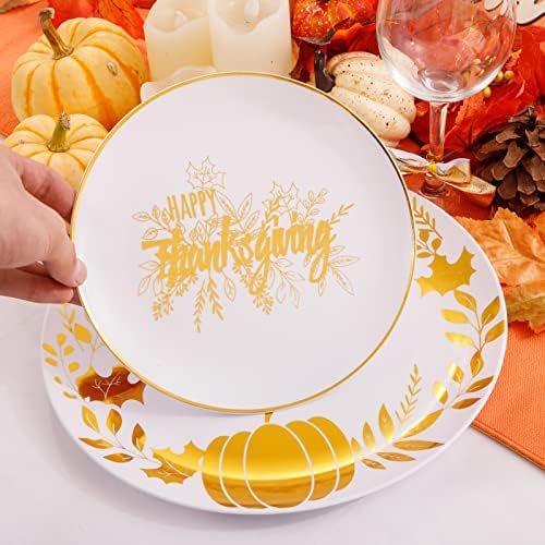 Ciaell 125PCS Thanksgiving Plastic Plates - Fall Pumpkin Disposable Plates White and Gold Heavy Duty Dinnerware Set include 25Dinner Plate, 25Desset Plate, 25Knives, 25Forks, 25Spoons for Thanksgiving