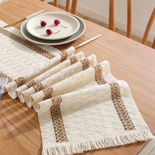 Niviy Boho Table Runners 120 Inches Long Farmhouse Macrame Table Runner Cotton Linen Woven Table Runners for Fall Dining Table Home Decor, Beige & Brown