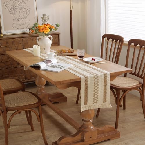 Niviy Boho Table Runner with Tassels 12 x 144 Inches Long, Cream & Brown Rustic Farmhouse Table Runner with Tassels for Home Kitchen Holiday Party and Wedding Decor Runner