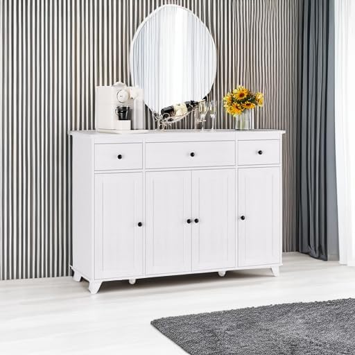 HIFIT Buffet Cabinet White Sideboard Storage Cabinet with 3 Drawers & 4 Doors Adjustable Shelves, 47” Modern Coffee Bar Cabinet, Wood Accent Cabinet for Kitchen Cupboard Dining Living Room