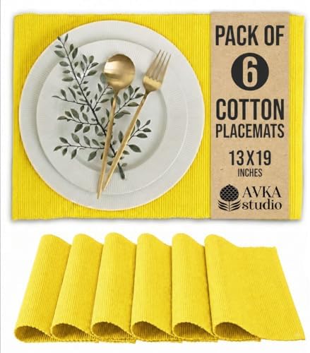 100% Cotton Ribbed Placemats - Set of 6-13 x 19 Inches - Yellow - Everyday/Thanksgiving/Fall Thick Construction Fabric Table Mats - Washable Reusable Place Mats - by AVKA Studio