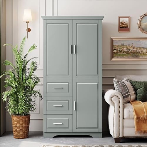 Merax 62.2" Pantry Cabinet with Three Doors & Three Drawers, Adjustable Shelves Storage Cupboard for Kitchen/Dining Room/Bathroom, Gray