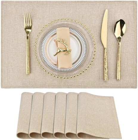 SLKQG Beige Faux Cotton Linen Placemats Set of 6, Heat Resistant Washable Double Layer Cloth Place Mats for Dining Table, Wrinkle Resistant Linen Textured Farmhouse Kitchen Decor（6，Beige）