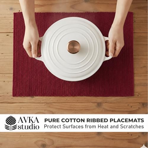 100% Cotton Ribbed Placemats - Set of 6-13 x 19 Inches - Maroon/Burgundy/Dark Red - Everyday/Fall Cloth Table Mats - Thick Construction, Washable & Reusable Cloth Place Mats - by AVKA Studio