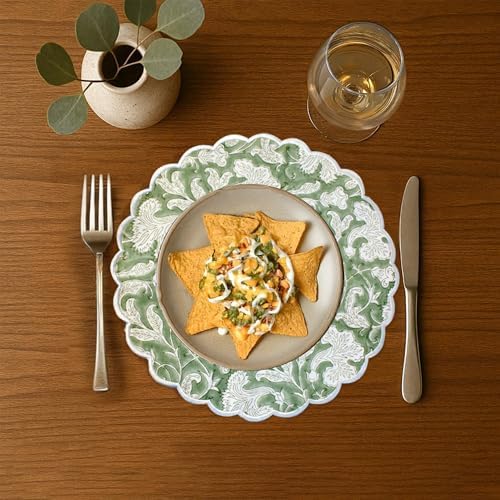 Ridhi Floral Block Print Round Placemats 15 Inch, Set of 4, Sage Green