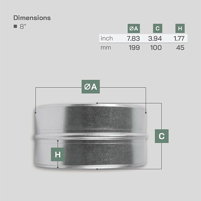 Vent Systems 8'' Inch Galvanized Steel Duct Connector - Round Ventilation Duct Extension - Metal Vent Coupler - Metal Hose Coupling - Galvanised Pipe Connector