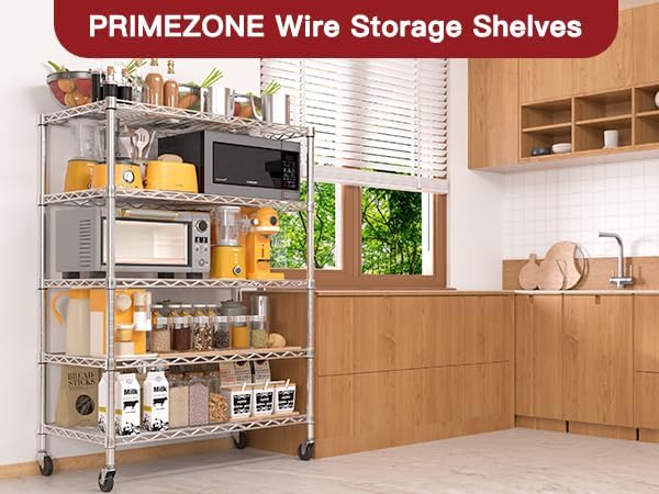 PrimeZone 75" H Wire Shelving 5 Tier Slim Steel Storage Metal Shelves with Wheels,Adjustable Kitchen Utility Shelving Unit,Pantry Rack Rolling Metal Shelf Chrome 24" Wx18 Dx75 H