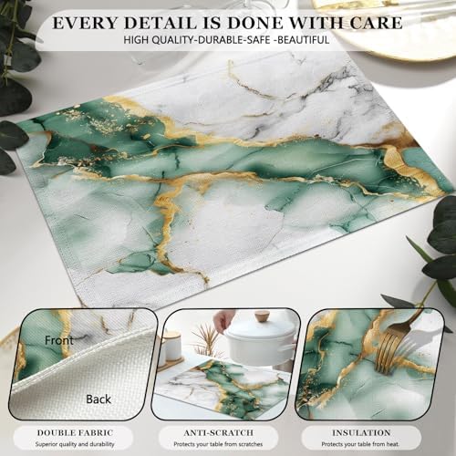 Mcalk Green Marble Table Runner and Placemats Set of 6, Marble Print Placemats, Modern Cloth Place Mats Indoor for Kitchen,Washable Linen Material for Dining Table