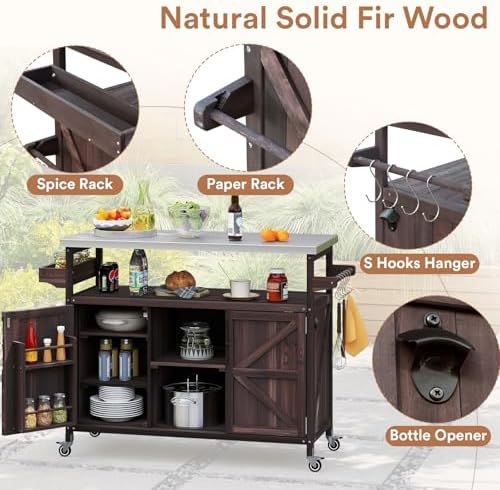 Zevemomo Outdoor Grill Cart with Storage, Lockable Casters, Brown
