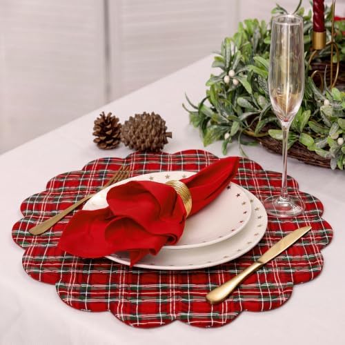 Beeveer 6 Pcs Quilted Placemats Round Plaid Red, Scallop Thanksgiving