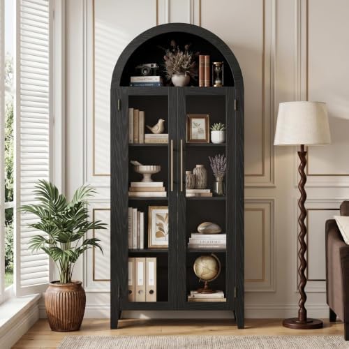 Garvee Arched Cabinet with Glass Doors, 5-Tier Kitchen Pantry Cabinet with Adjustable Shelves, Farmhouse Display Storage Cabinet for Dining Room, Living Room, Black