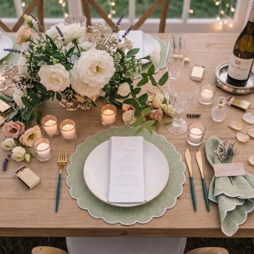 Set of 24 Sage Green Cotton Placemats 15" Round Scalloped White