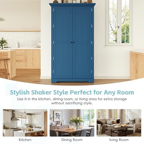 Merax 72" Tall Shaker Style Kitchen Pantry with 3 Drawers, Adjustable Shelves, Wood Cupboard Dining Storage Cabinet with Door Shelves and Pull-Out Trays for Living Room, Kitchen, Dining Room Blue