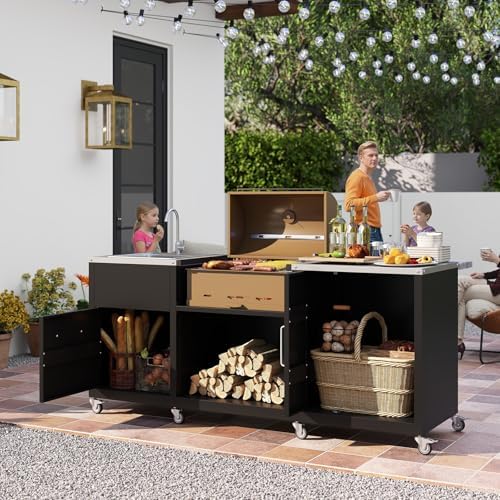 Happygrill 80” Outdoor Grill Table with Sink & Drainage, Wheels
