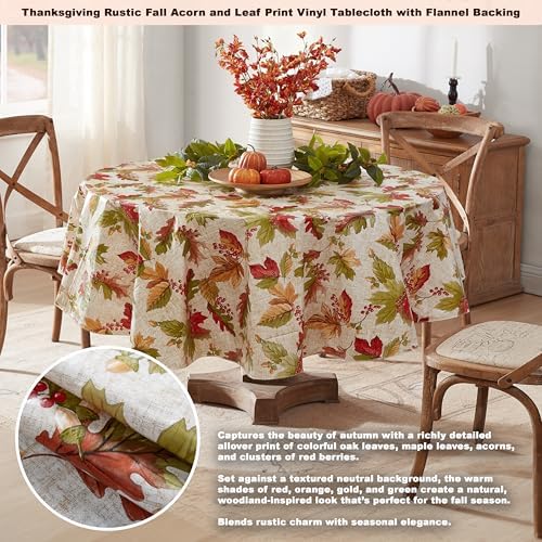 Newbridge Thanksgiving Rustic Acorn & Leaf 70” Round Vinyl Fall Tablecloth