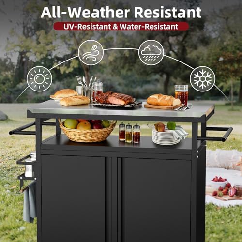 Outdoor Grill Cart Bar Cart with Storage Cabinet for Grilling Accessories（Black）