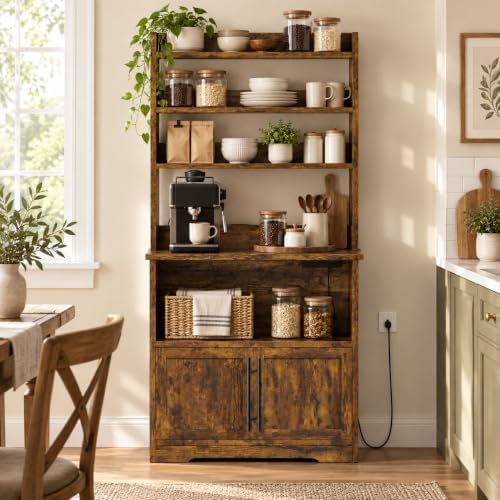 IDEALHOUSE Bakers Rack With Storage Cabinet, Microwave Stand With Power Outlets, Farmhouse Bakers Rack With Thick Table Top, Small Kitchen Pantry Hutch Bakers Rack for Kitchen, Dining Room,Retro Brown