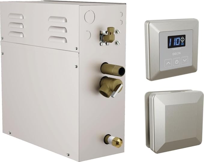 Delta Faucet SimpleSteam 6kW Steam System Kit Brushed Nickel, Includes 6kW Steam System Generator, Square Digital System Control, Square Steam Head, Lumicoat Stainless 5P-EST06-SS-PR