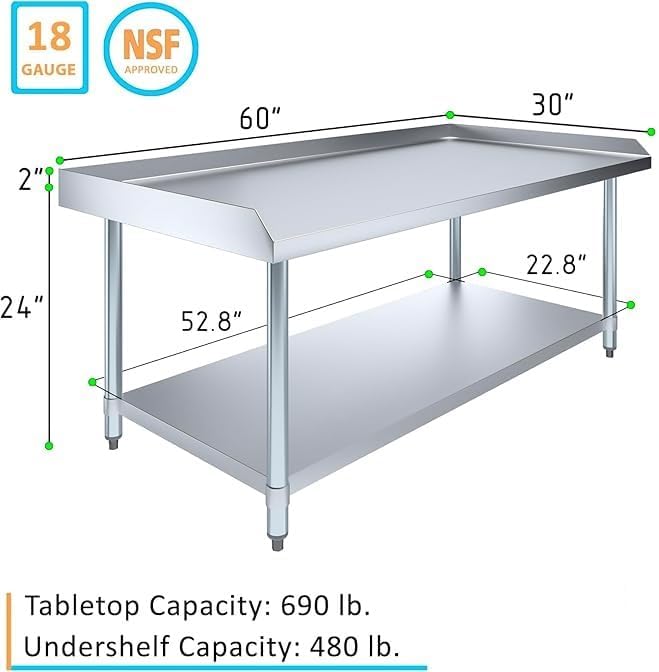 Stainless Steel Equipment Stand with Undershelf + Casters, Heavy Duty, Commercial Grade, NSF Certified (30" Width x 60" Length)