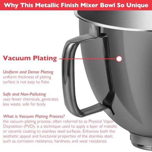 5 Quart Metallic Finish Stainless Steel Mixer Bowl for KitchenAid Classic&Artisan Series 4.5-5 QT Tilt-Head Mixer, Gray Color, Silicone Scraper, Dishwasher Safe, Fit K45SS KSM75 KSM90 KSM150