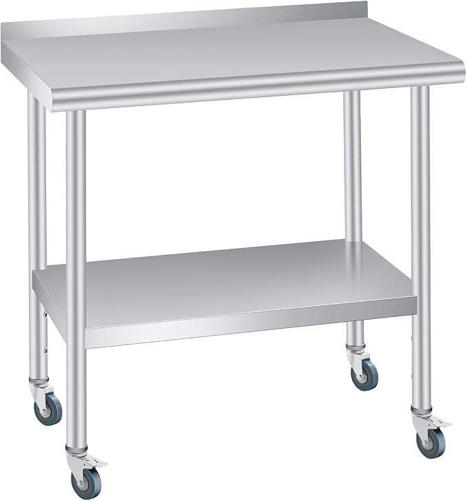 Stainless Steel Prep Table, 30 x 24 inches, with Backsplash, Adjustable Undershelf & 4 Wheels, Commercial Heavy Duty Table with Adjustable Under Shelf for Outdoor Use,Restaurants,Hotels,Works