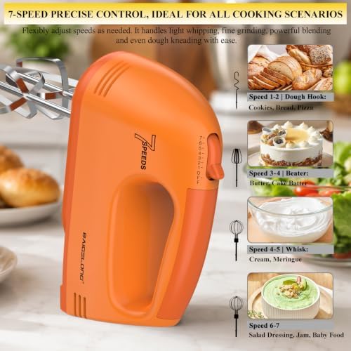 BAIGELONG Hand Mixer. 7-Speed Adjustable Kitchen Electric Mixer. With 5 Stainless Steel Attachments: 2 Hooks, 2 Beaters, 1 Whisk. Comes 1 Storage Box. Perfect for Bakers and New Starters, Orange