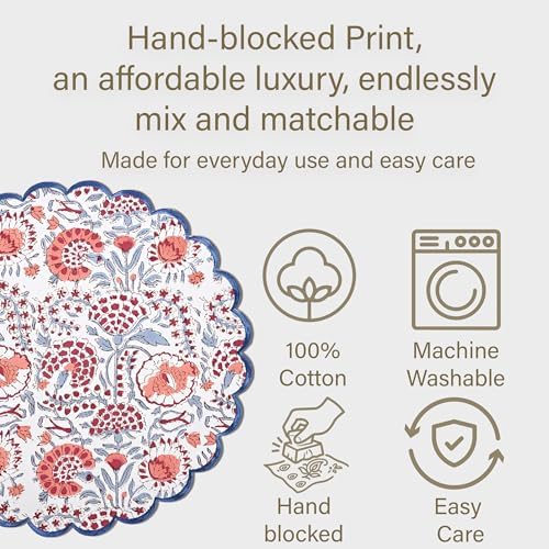 Ridhi Floral Block Print Round Placemats 15 Inch Set-4, Pigeon Blue & Pink