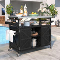 Outdoor Grill Cart with Storage, Rolling Bar Cart and Lockable Wheels, Farmhouse Solid Wood Outdoor Grill Table with Stainless Steel Top, Spice Rack, Towel Rack for Kitchen and BBQ, Black