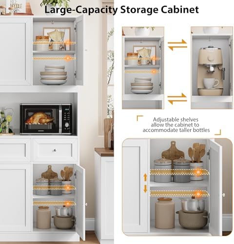 BOTLOG 72" Kitchen Pantry Cabinet, Kitchen Hutch with Microwave Stand, Buffet Cabinet with Hutch for Dining Room, White